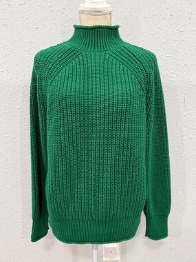 J. Crew Emerald Green Roll Neck Pullover Sweater Size L Preppy Fisherman Oarsman